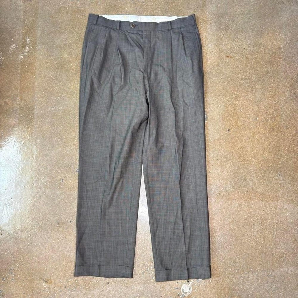 Brooks Brothers Mens 36S Stretch Wool Plaid Pleated Cuffed Dress Pants Grey